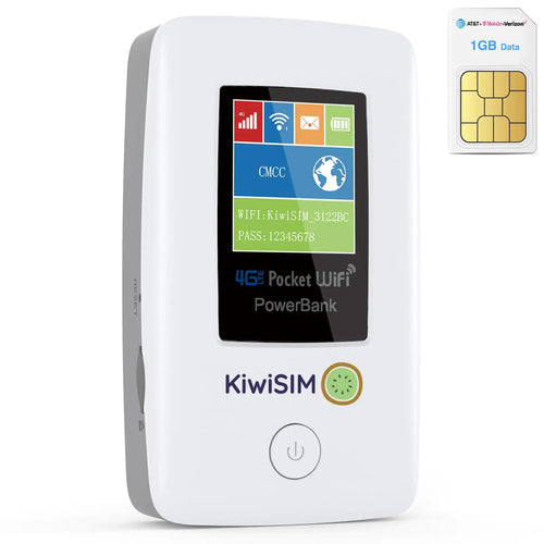 4G LTE Portable Mobile Hotspot WiFi - Pocket WiFi with 1GB Data International Hotspot Router & Power Bank No Contract or SIM Card Required10 Connected Devices Ideal for Travel in The US & Europe